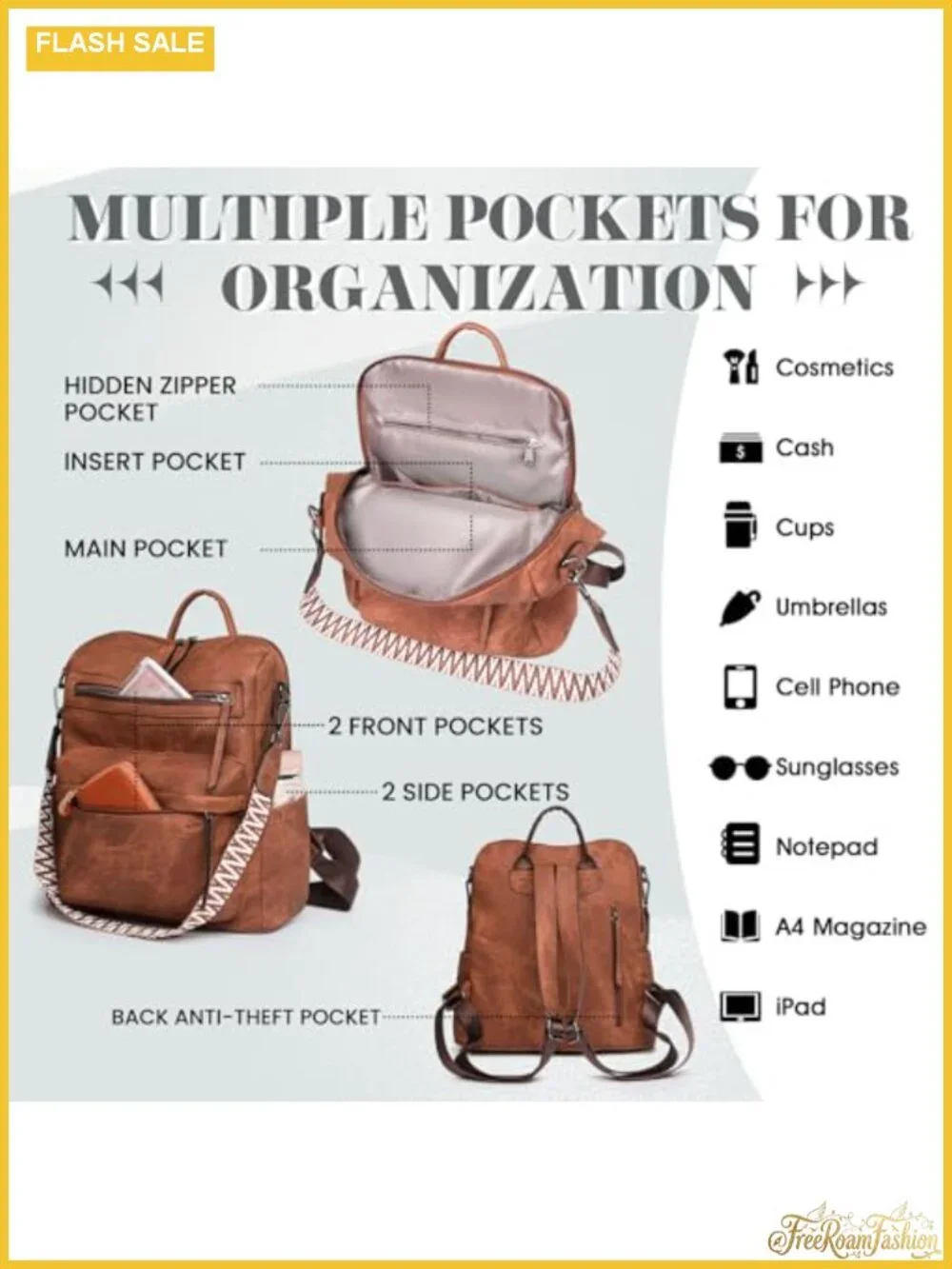 Women's PU Leather Backpack Purse, Multiple Pockets Waterproof Travel Daypack